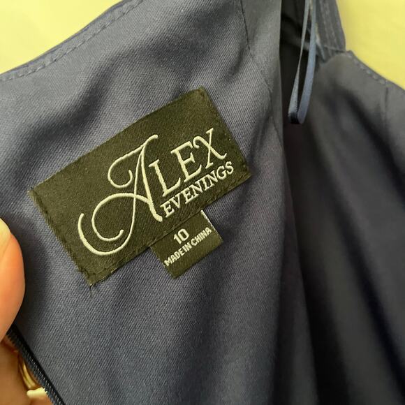 ALEX EVENINGS Off Shoulder Full Length Dress Sz 10 Navy Bling Ruching Dark Fairy - Picture 10 of 15